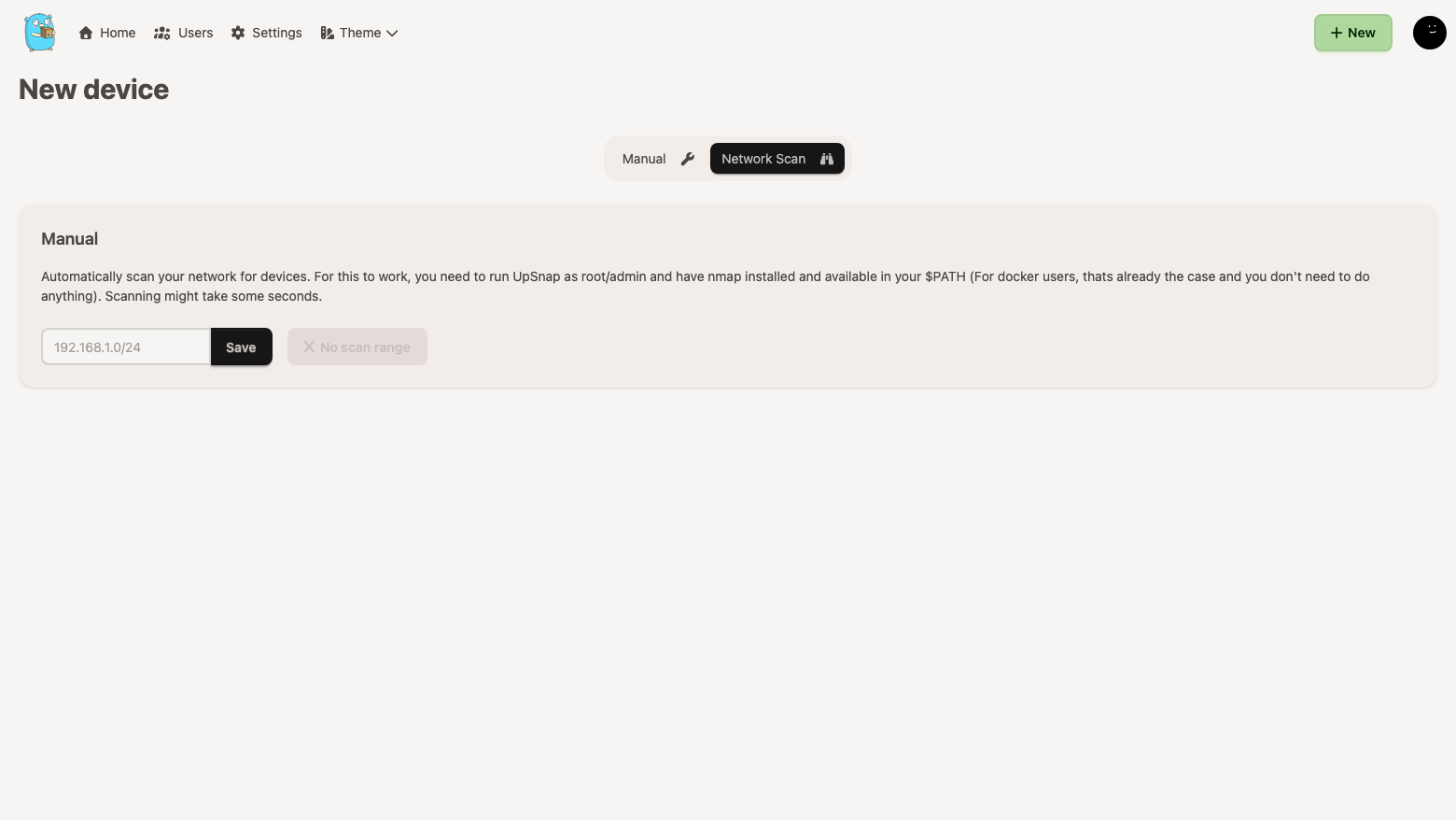 UpSnap network scan tab showing an empty scan range field and a No scan range indicator on a freshly launched instance