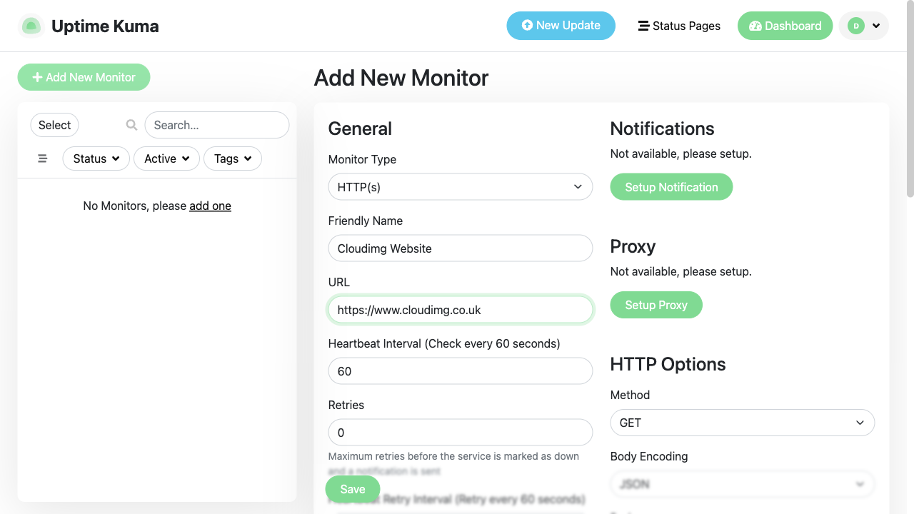 Adding a monitor in Uptime Kuma