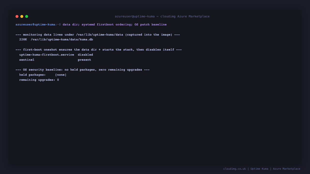 The kuma.db database on disk, the first boot service state, and an intact OS patch baseline with no held packages