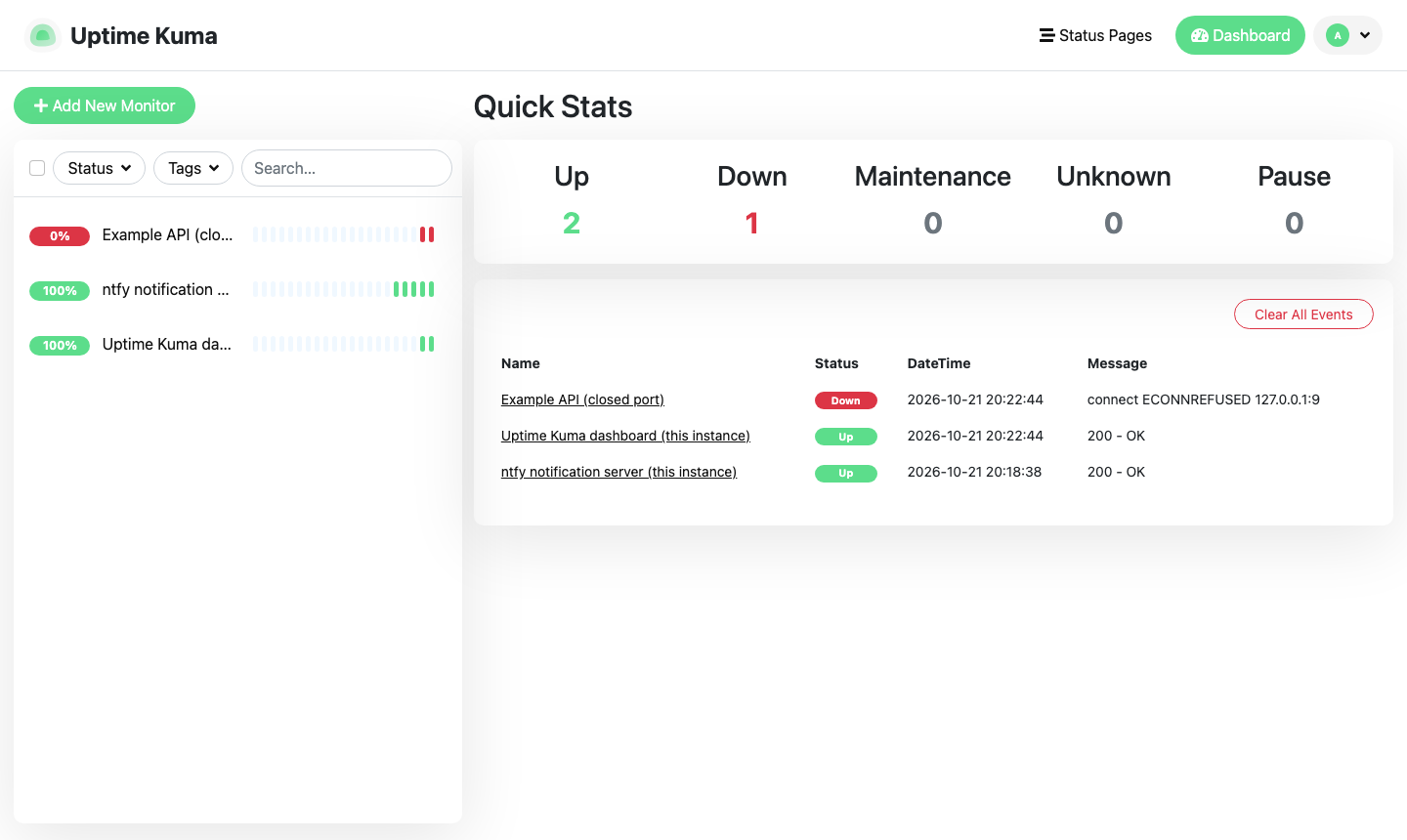 The Uptime Kuma dashboard with quick stats of two monitors up and one down, the monitor list with heartbeat bars and the recent events table