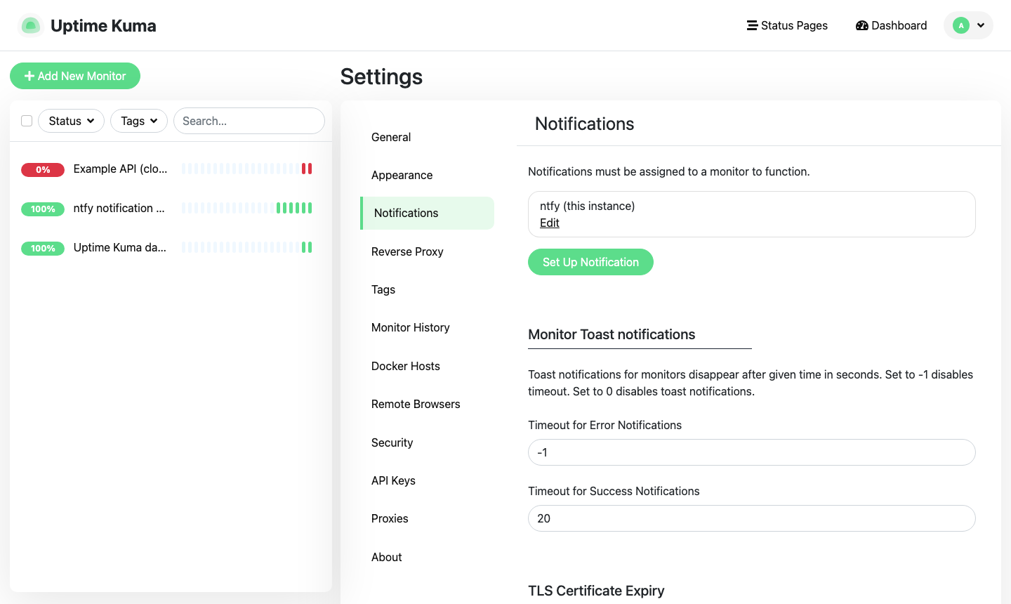 Uptime Kuma Settings, Notifications page listing the ntfy (this instance) channel