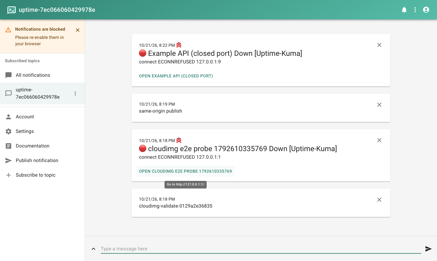 The ntfy web app subscribed to this instance's topic, showing Down alerts from Uptime Kuma with the monitor name and the reason