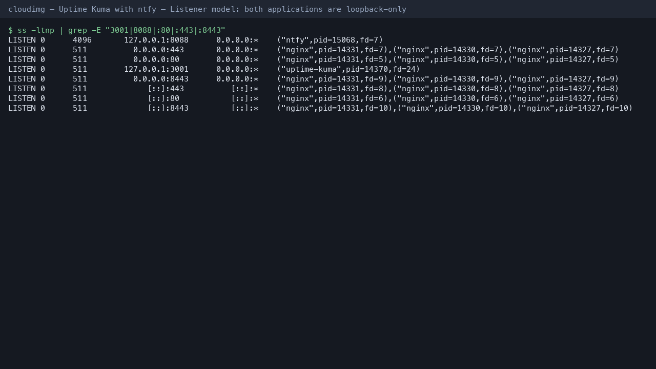 The listening sockets, with Uptime Kuma on port 3001 and ntfy on port 8088 both bound to the loopback address, and only nginx on ports 80, 443 and 8443