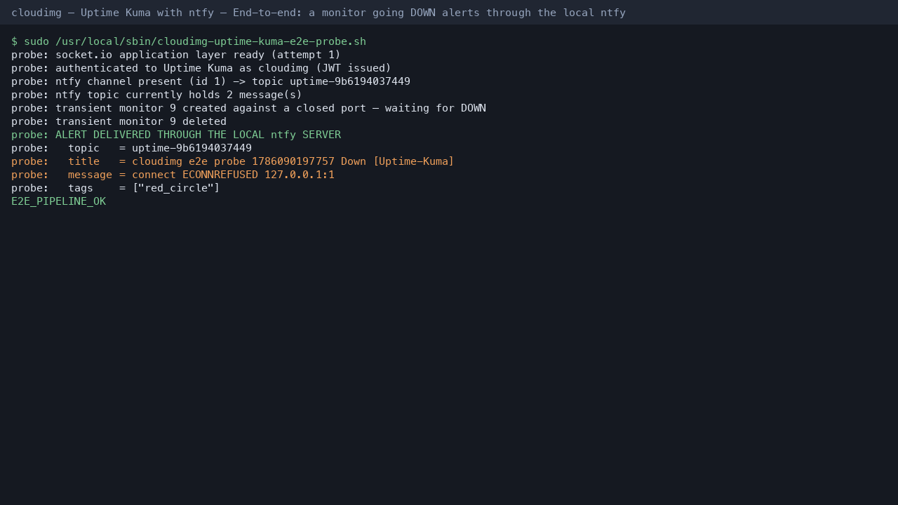 The end to end self test signing in, creating a failing monitor, and reading the resulting DOWN alert back out of the local ntfy server before printing E2E_PIPELINE_OK