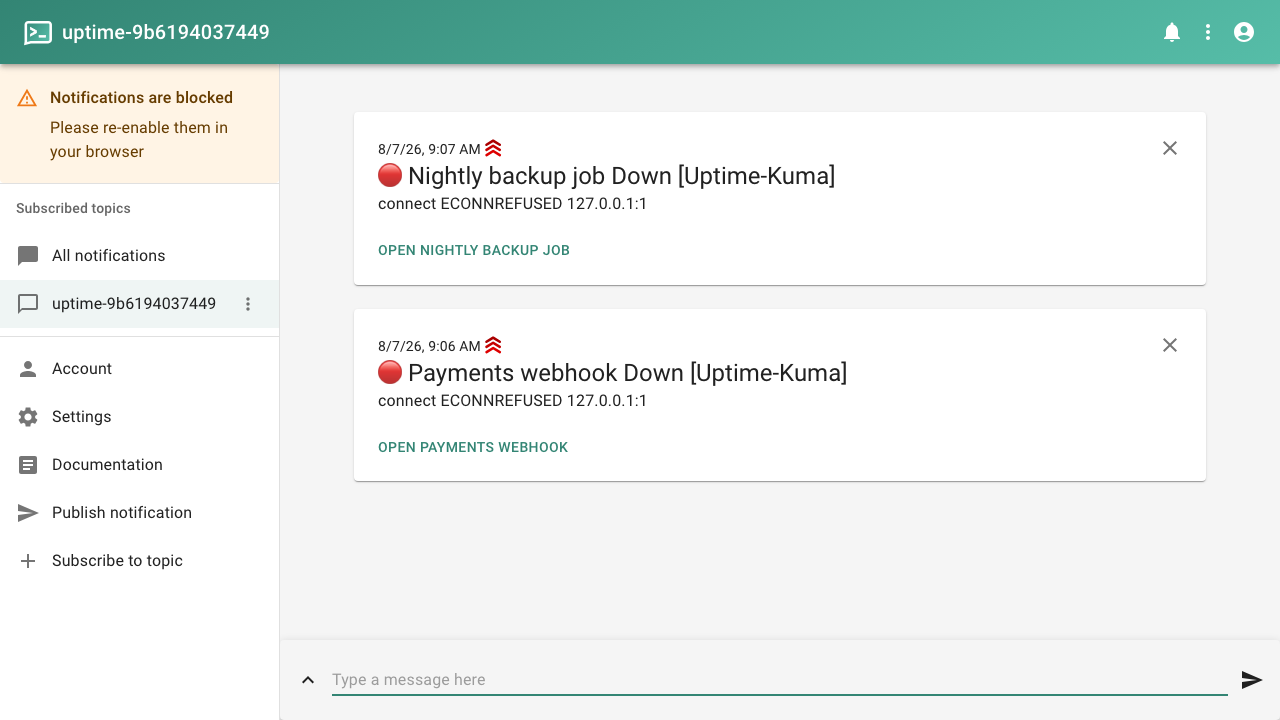The ntfy web interface subscribed to this instance's topic, showing two delivered alerts naming the monitors that went down and the reason for each