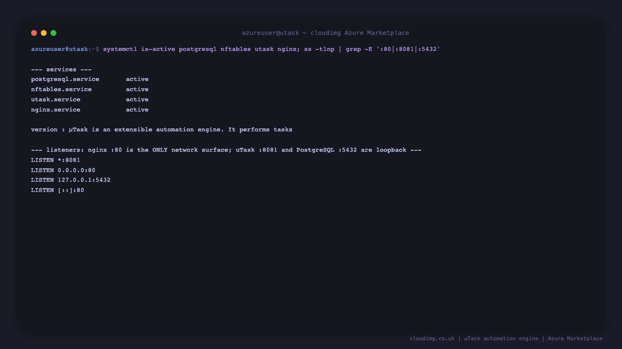 systemctl reports postgresql, nftables, utask and nginx all active, and ss shows nginx listening on port 80 on all interfaces while PostgreSQL is bound to loopback 127.0.0.1 on port 5432 and uTask listens on 8081 where it is firewalled off the network
