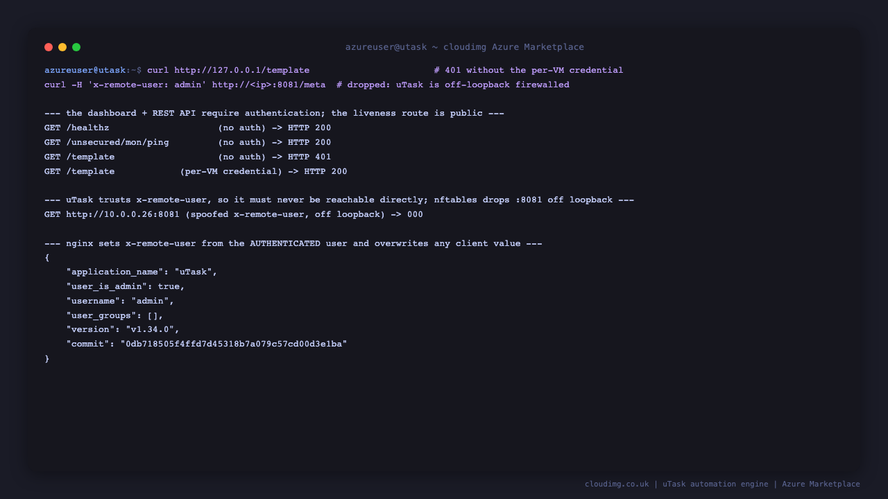 the health and liveness routes return HTTP 200 without credentials, the template API returns HTTP 401 without the per instance credential and HTTP 200 with it, a direct request to uTask on port 8081 off the loopback interface with a spoofed x-remote-user header is dropped, and the meta endpoint reports the authenticated username admin overwriting the client supplied value
