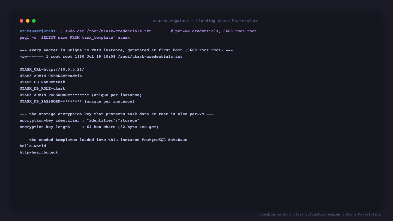 the per instance credentials file is listed as 0600 root:root and shows the dashboard URL, admin username and database identity with the passwords redacted, the storage encryption key is a per instance 32 byte aes-gcm key, and the two seeded templates hello-world and http-healthcheck are listed from the instance PostgreSQL database
