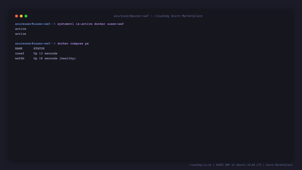 Docker and UUSEC WAF systemd services active with the uuWAF Compose stack containers running
