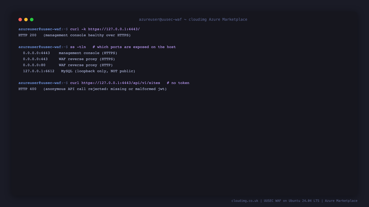 UUSEC WAF secure by default: the console is healthy over HTTPS, the database is not exposed on a public interface, and anonymous API calls are rejected