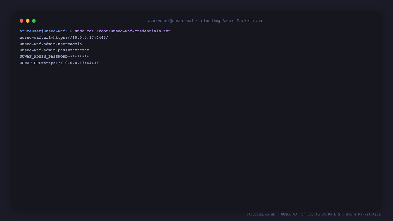 The per-VM UUSEC WAF admin credentials file, with the password shown on this instance only
