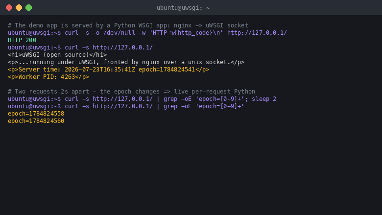 curl of the demo app returning HTTP 200 with a live server timestamp, epoch and worker PID, and two requests two seconds apart showing the epoch change, proving genuine per-request Python execution