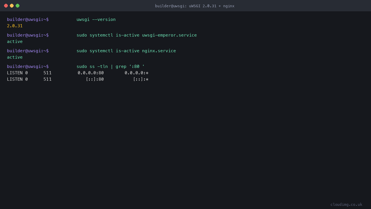 uwsgi --version reports 2.0.31, uwsgi-emperor.service and nginx.service are both active, and nginx is listening on port 80