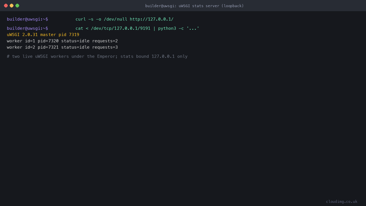 the uWSGI stats server read from the loopback socket showing uWSGI 2.0.31, the master PID, and two live worker processes with their PIDs, idle status and request counts