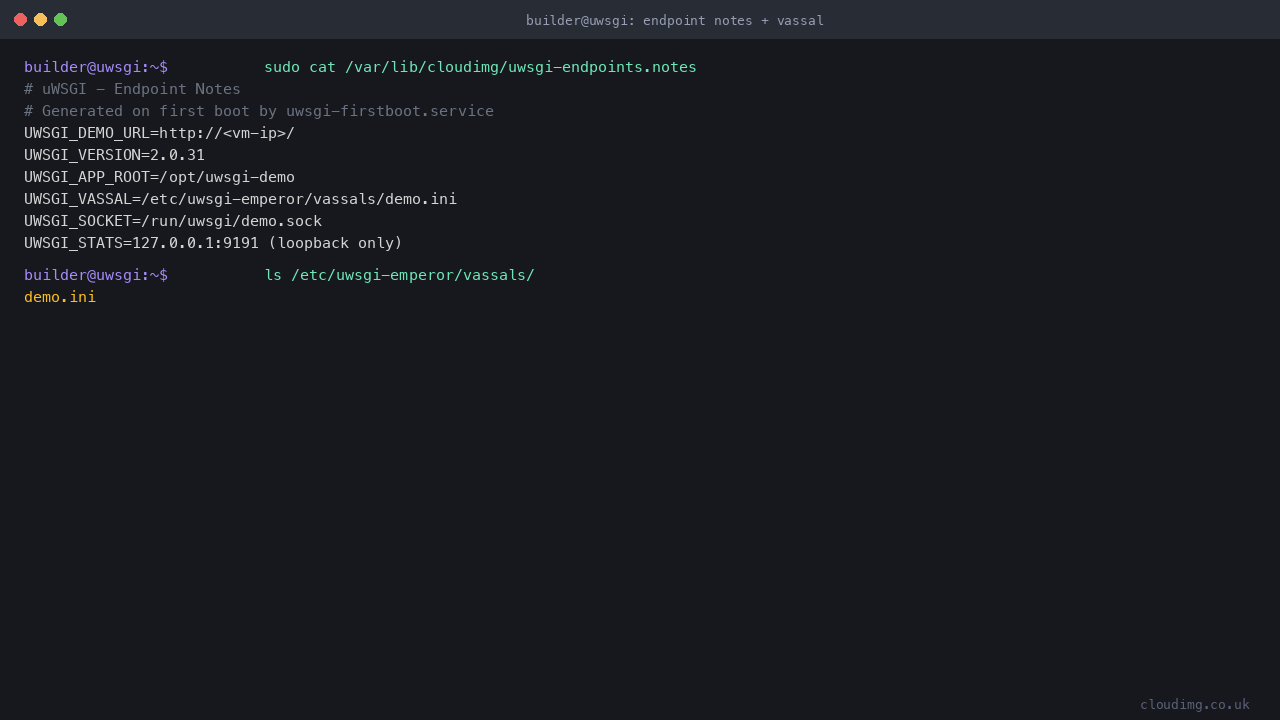 the uWSGI endpoints notes file documenting the demo URL, version, app root, vassal, socket and loopback stats address, alongside a listing of the Emperor vassals directory showing demo.ini