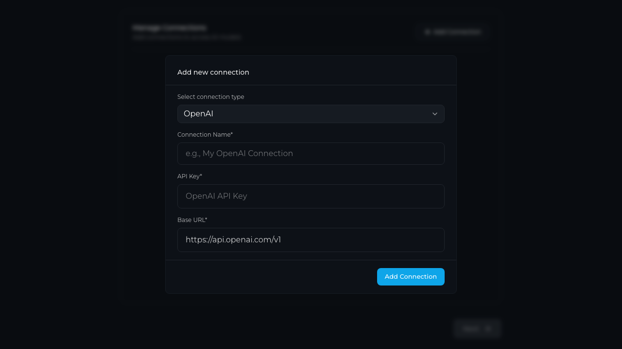 Vane's setup screen with the Add new connection dialog open, OpenAI selected as the connection type and the API key and base URL fields ready to fill in