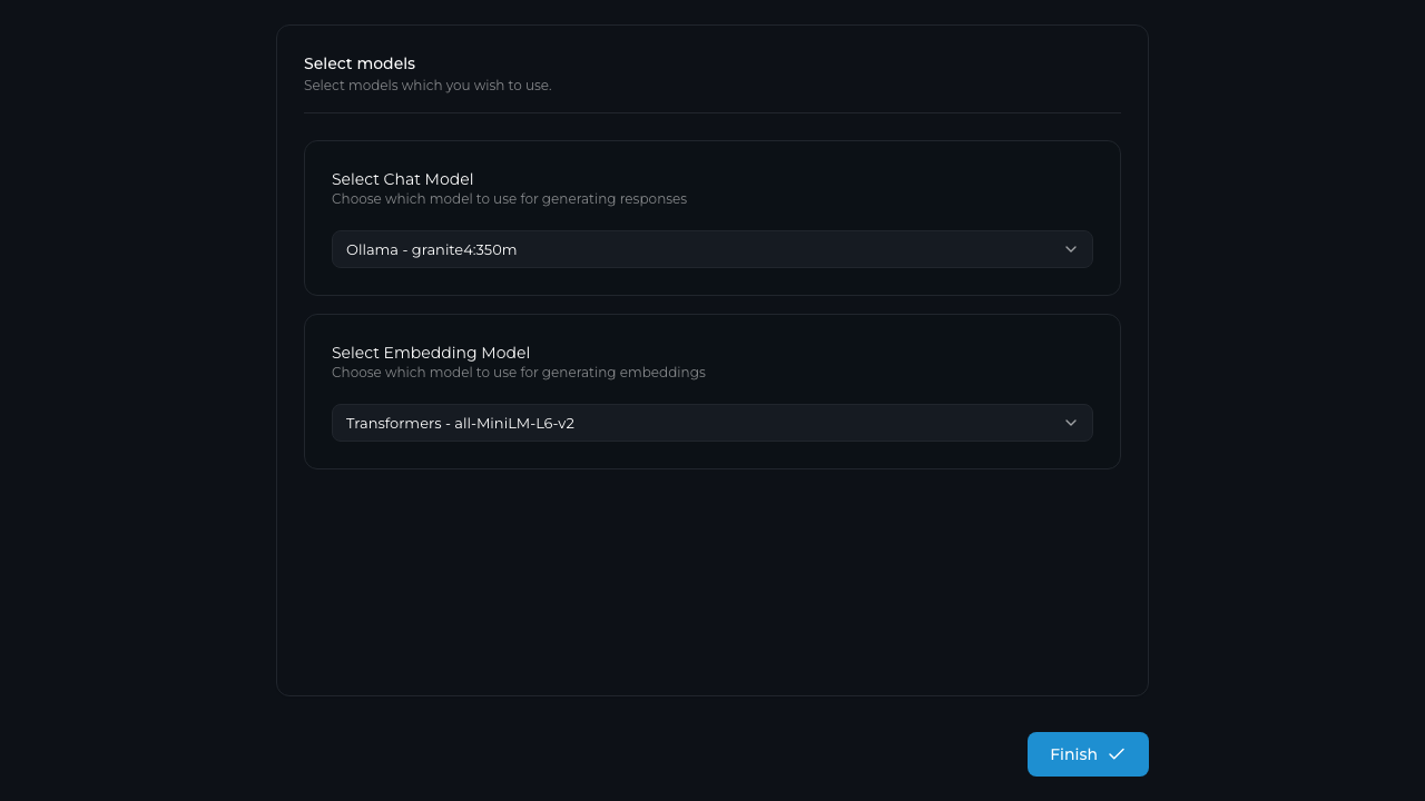 The Select models step of the setup screen with a chat model chosen from the connection that was just added and the local Transformers all-MiniLM-L6-v2 embedding model selected
