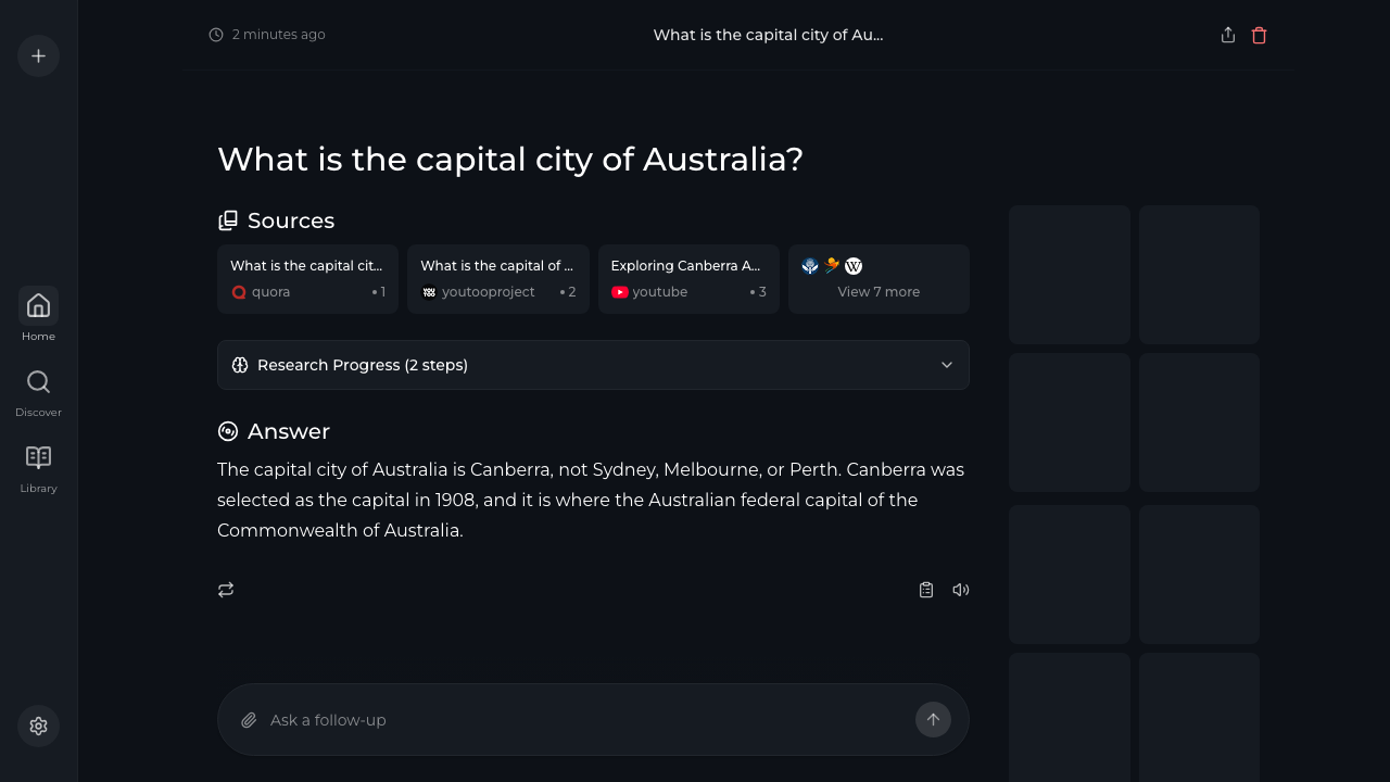 A question answered by Vane: the cited web sources it read, its research steps and the written answer naming Canberra as the capital of Australia
