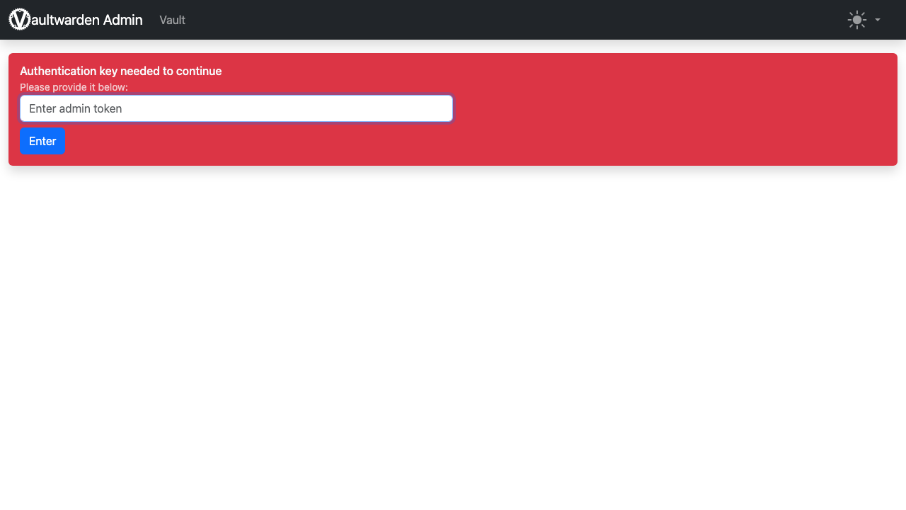 The Vaultwarden admin panel sign-in page asking for the admin token