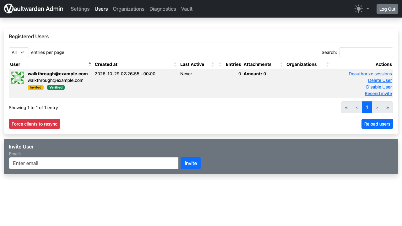 The Vaultwarden admin panel Users page listing walkthrough@example.com with the Invited badge, the actions Deauthorize sessions, Delete User, Disable User and Resend invite, and the Invite User form