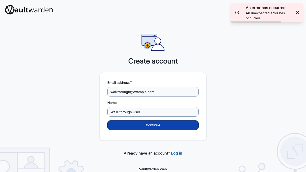 The web vault Create account page on the public address showing the error "An error has occurred" after Continue