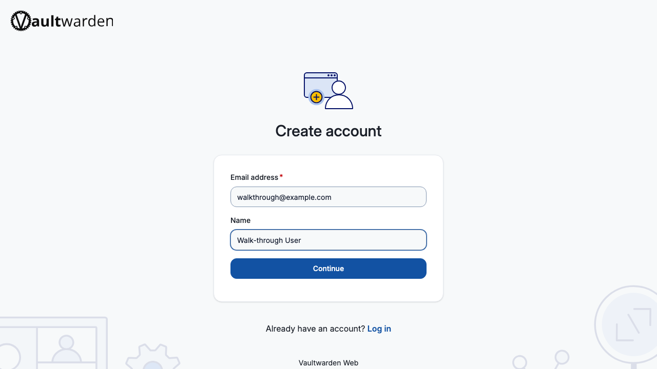 The web vault Create account page reached through the SSH tunnel at localhost, with the invited email address and a name entered