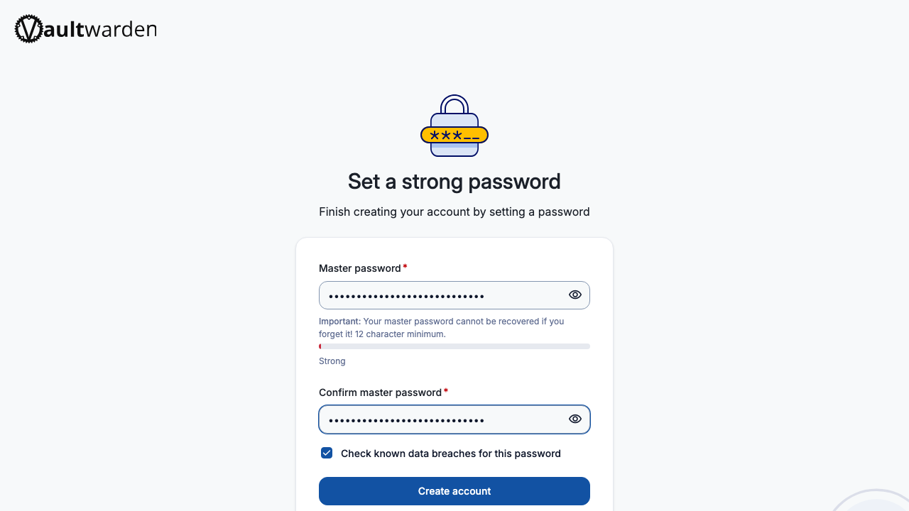 The web vault Set a strong password page with the master password entered twice and the Create account button
