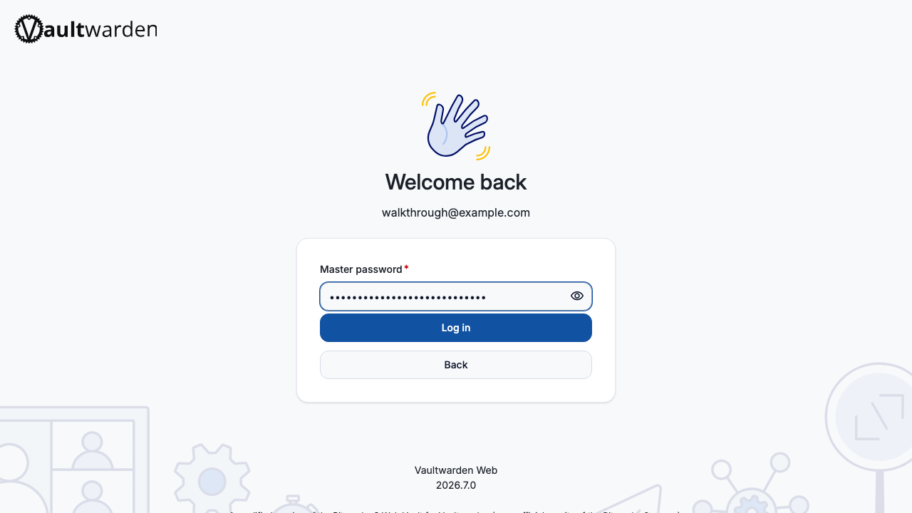 The web vault Log in page on the public address with the master password entered