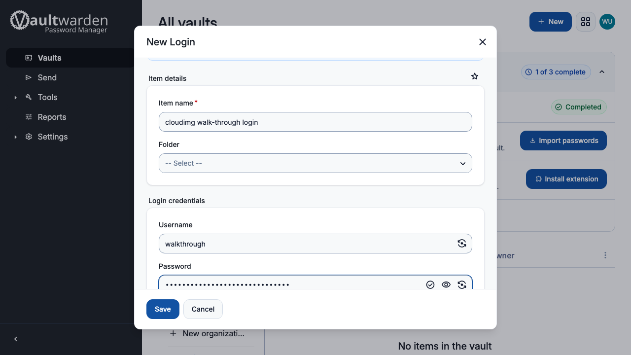The web vault New login dialog with the item name, username and password filled in