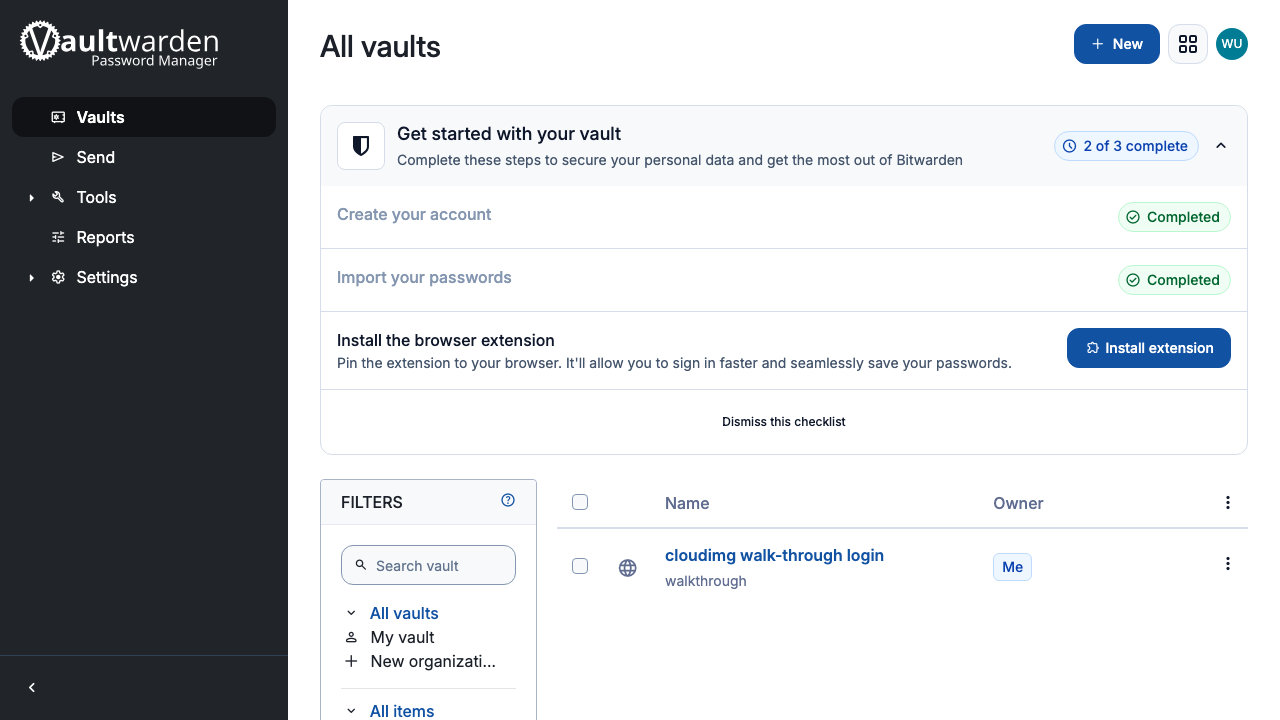 The web vault listing the saved login item "cloudimg walk-through login"