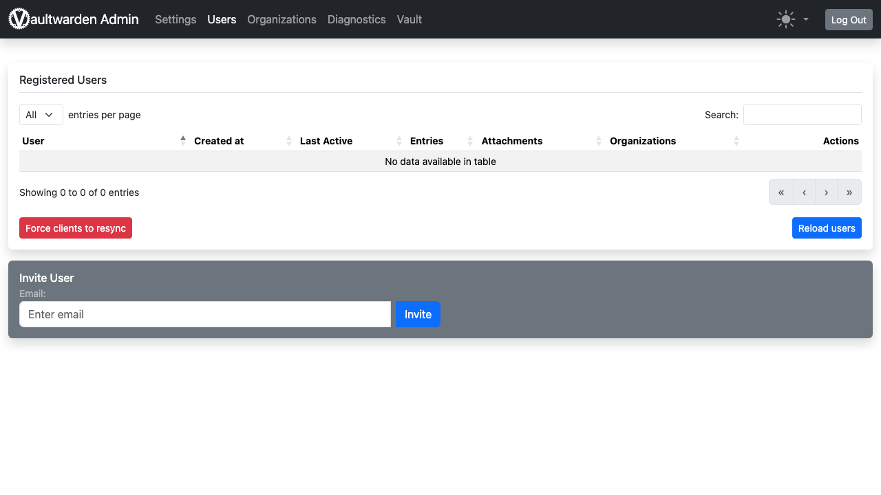 The Vaultwarden admin panel Users page after Delete User, with no registered users left