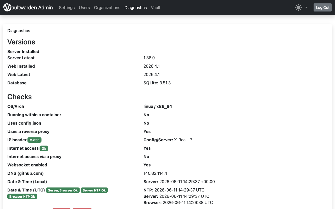 Vaultwarden admin diagnostics panel