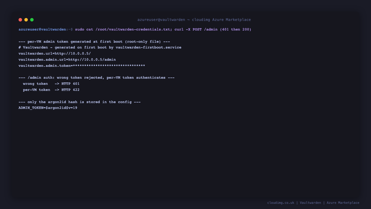 Per-VM admin token and authenticated admin round-trip