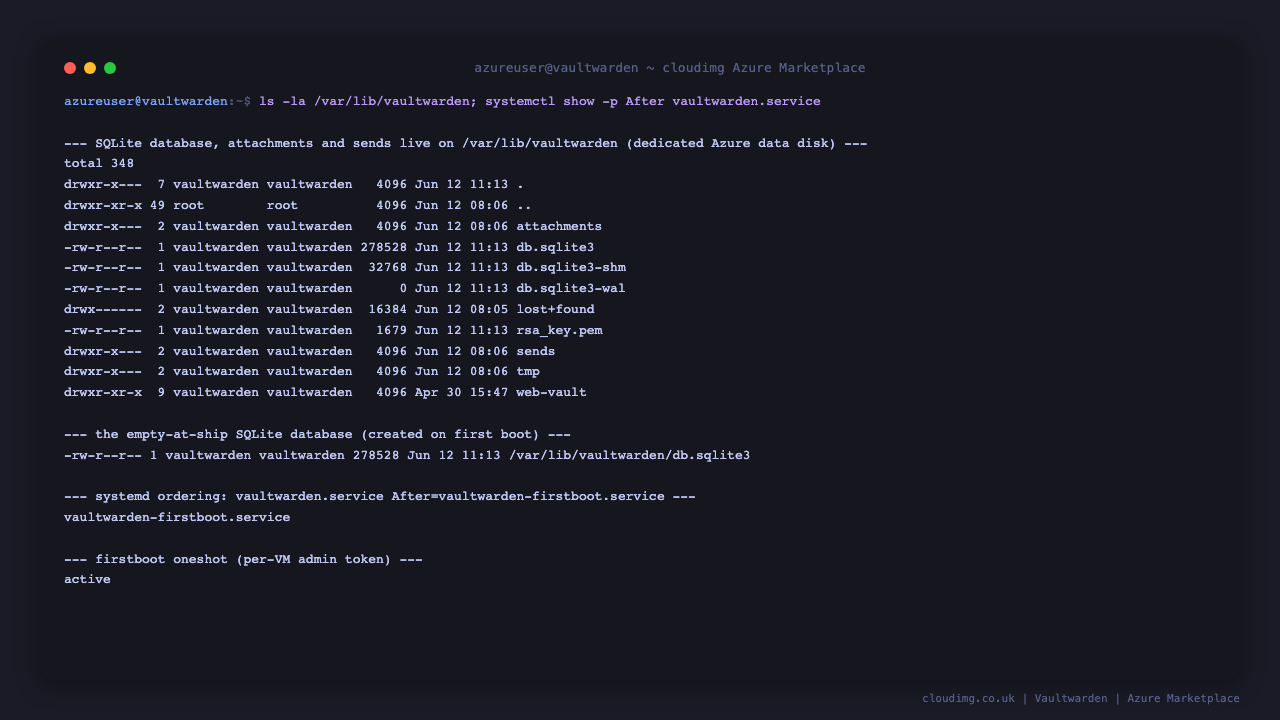 Vaultwarden data tier on the dedicated Azure data disk