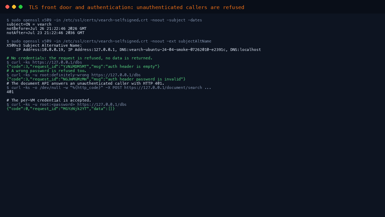 The per VM TLS certificate subject and subject alternative names, an unauthenticated request refused with auth header is empty, a wrong password refused with auth header password is invalid, the document API returning HTTP 401, and the per VM credential accepted with code 0