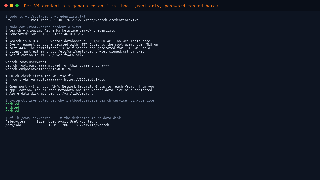The per VM credentials file created on first boot, owned by root with 0600 permissions, alongside the enabled Vearch, firstboot and nginx services and the dedicated Azure data disk mounted at /var/lib/vearch