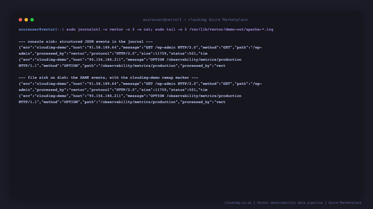 journalctl for the vector service shows structured JSON events from the console sink and tail of the demo out apache log file shows the same events on disk, each carrying the parsed apache fields method status and host plus the env cloudimg-demo marker added by the remap transform, proving events flow from source through transform to sink