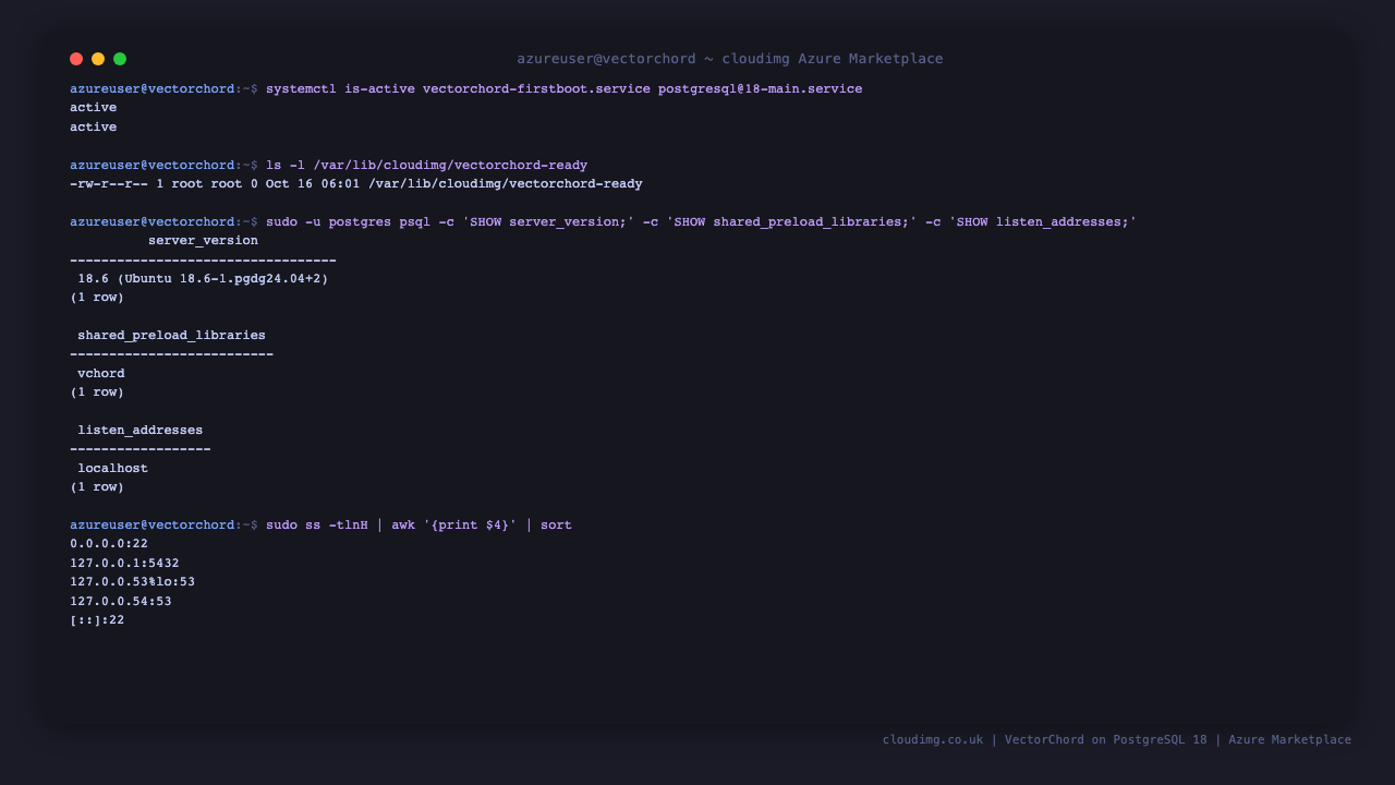 First boot complete, PostgreSQL 18 active with VectorChord preloaded and only SSH reachable from the network