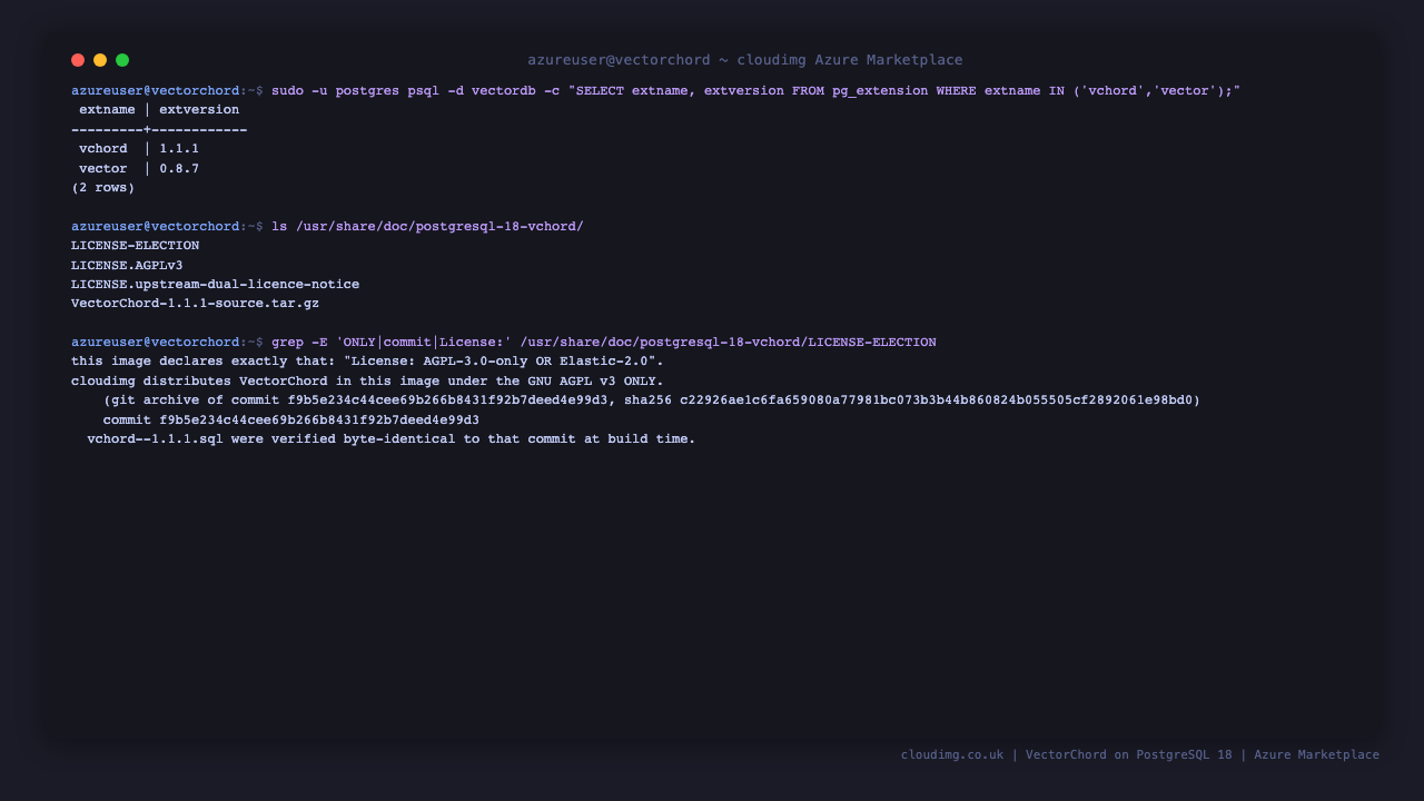 VectorChord 1.1.1 and pgvector 0.8.7 enabled, with the AGPL licence election and shipped source