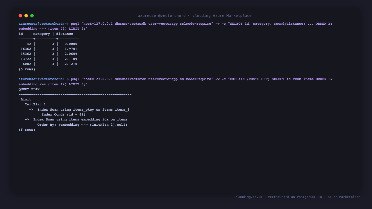 A nearest neighbour search on the demo table and the query plan using the vchordrq index