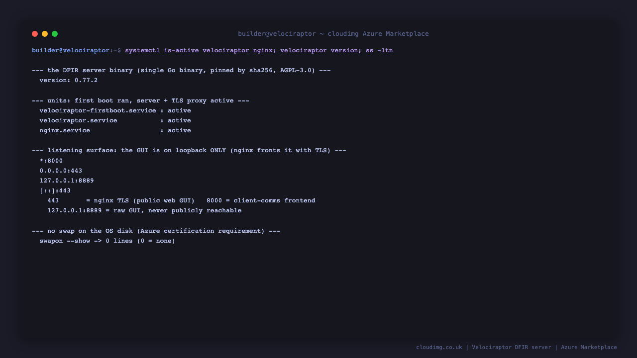 velociraptor-firstboot, velociraptor and nginx services active; Velociraptor 0.77.2; GUI bound to 127.0.0.1:8889 with nginx TLS on 443 and the frontend on 8000; no swap on the OS disk