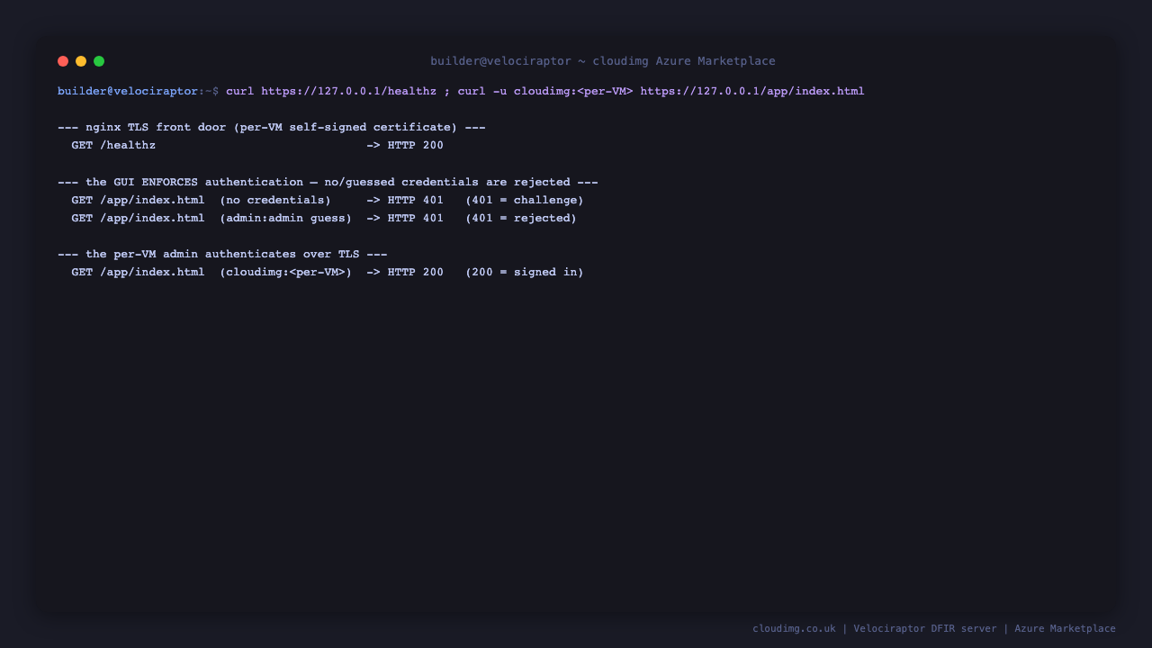nginx TLS healthz returns 200; the GUI returns 401 for no credentials and for an admin:admin guess, and 200 for the per-VM cloudimg admin
