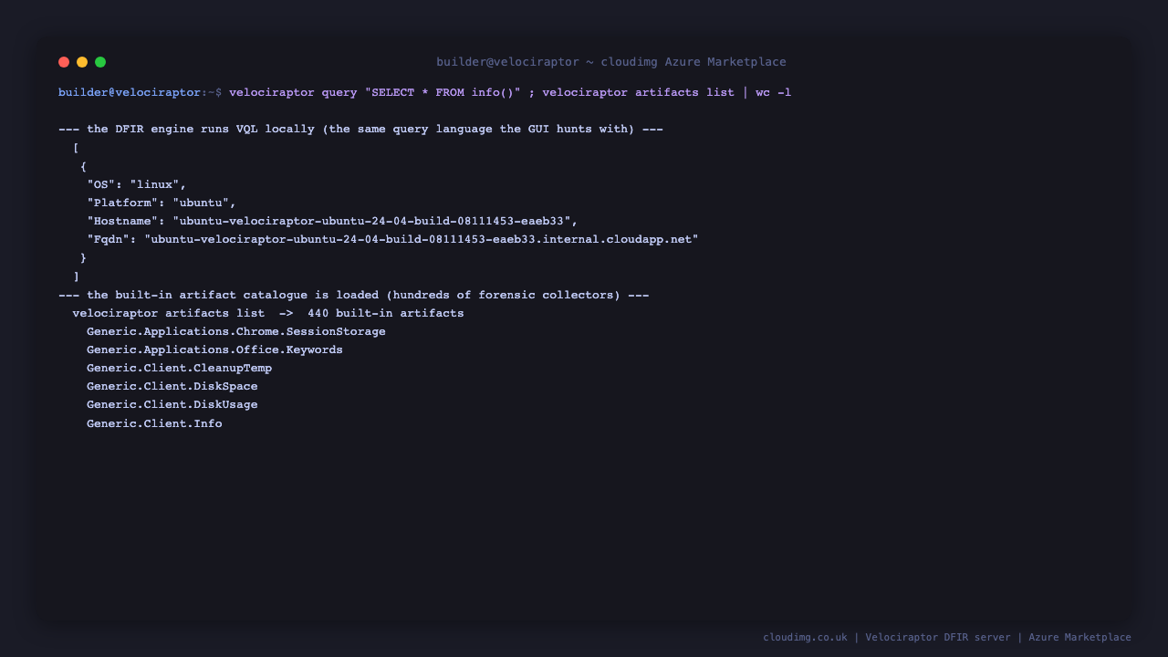 A live VQL query returning the host OS, platform, hostname and FQDN, and the artifacts list reporting 440+ built-in collectors