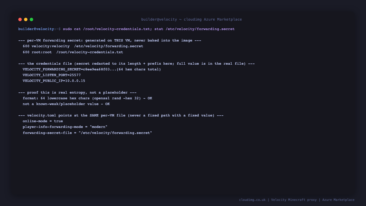 Terminal showing the per-VM forwarding secret file and the credentials file both owned root colon root with the secret file mode 600, the credentials file holding a VELOCITY_FORWARDING_SECRET value with its first 12 characters shown and 64 as the total hex character count, a check confirming the value matches the 64 lowercase hex character shape produced by openssl rand -hex 32 and is not a known weak or placeholder value, and velocity.toml shown pointing player-info-forwarding-mode at modern and forwarding-secret-file at the exact same per-VM path with online-mode set to true