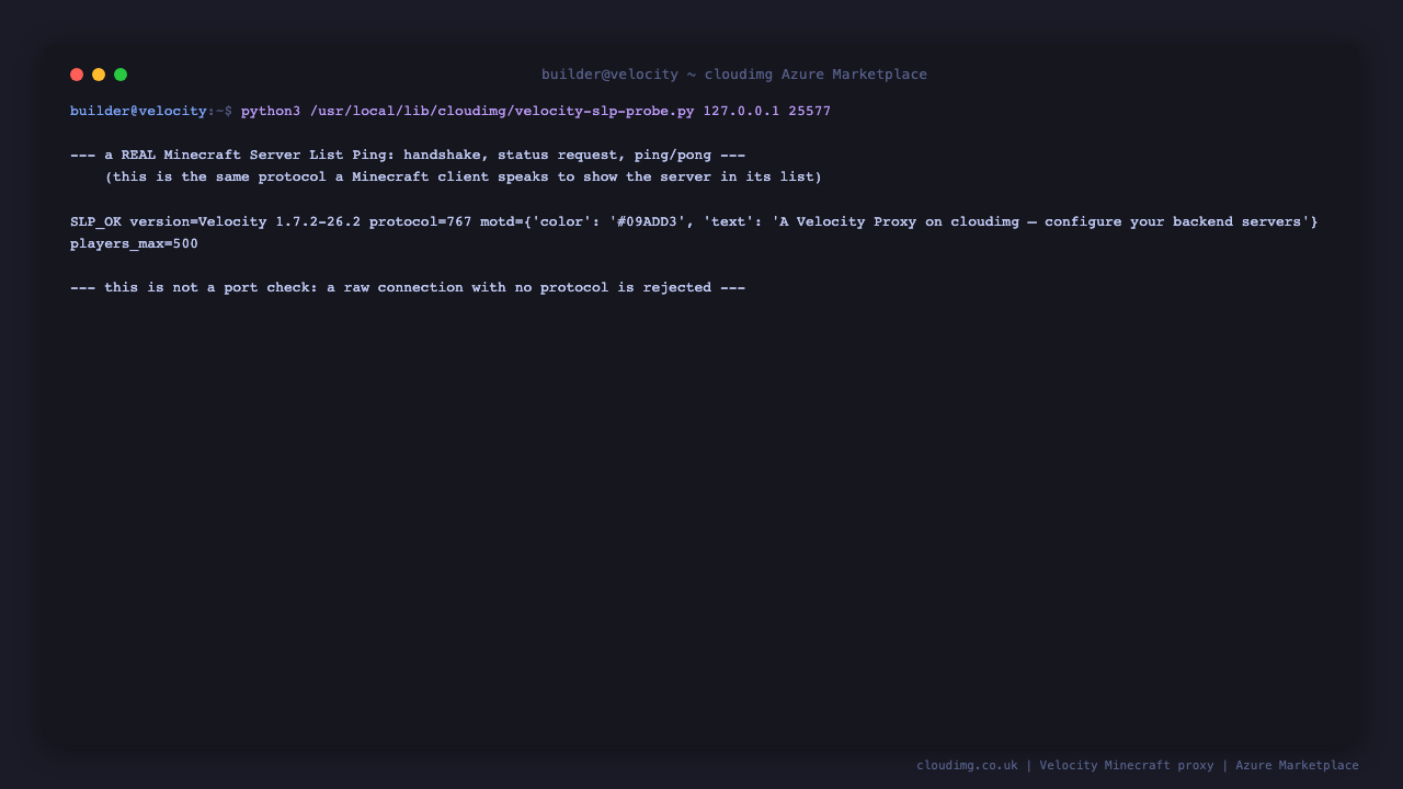 Terminal showing a real Minecraft Server List Ping against the proxy's own listener: a handshake packet, a status request, and a ping and pong round trip, with the response reporting SLP_OK, the Velocity version, the protocol number, the configured MOTD, and a maximum player count of 500, followed by a raw non-protocol connection to the same port being rejected rather than answered