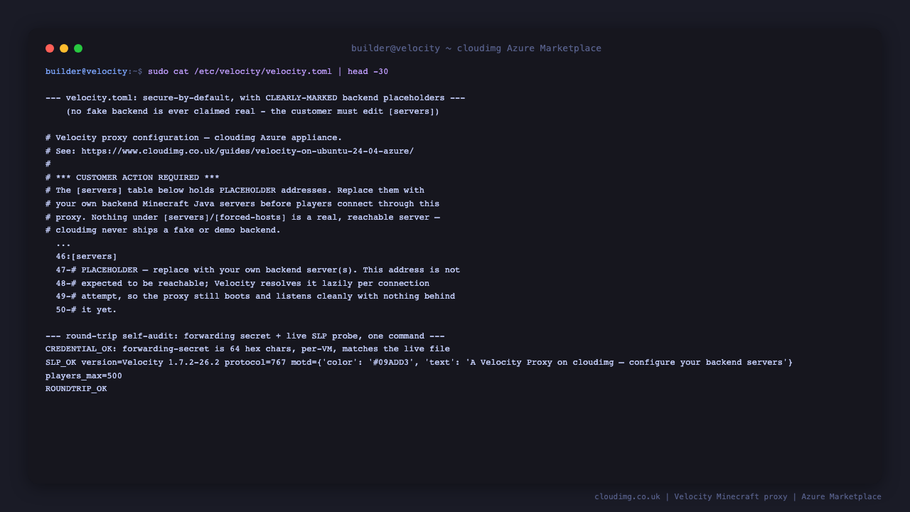 Terminal showing the shipped velocity.toml with its CUSTOMER ACTION REQUIRED banner and the servers table's placeholder marked as such, followed by a full run of the round-trip self-audit reporting CREDENTIAL_OK for the per-VM forwarding secret, SLP_OK for a real Minecraft protocol handshake against the proxy's own listener, and a final ROUNDTRIP_OK