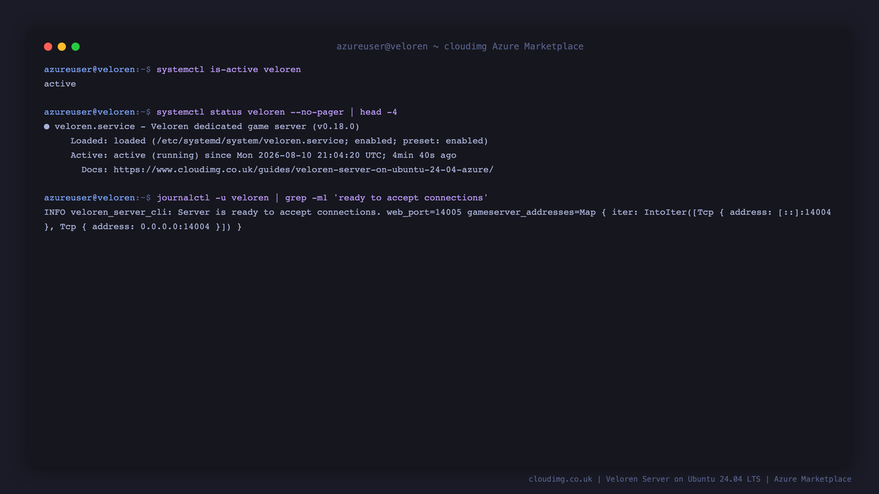 Veloren server active and ready to accept connections
