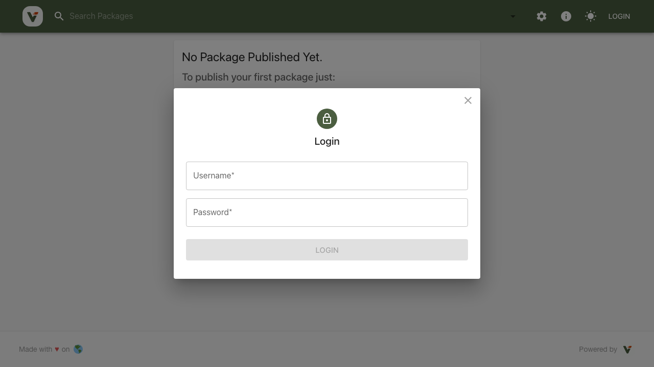 Verdaccio login dialog