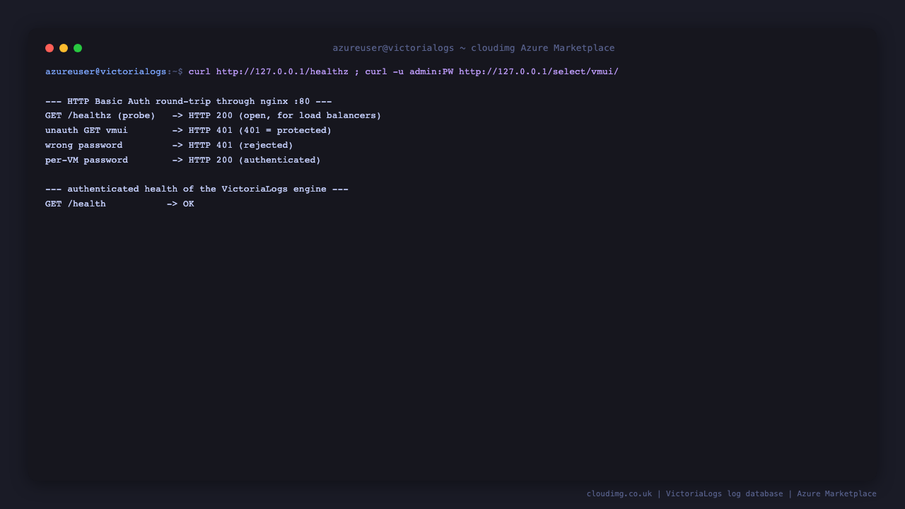 The HTTP Basic Auth round-trip returning 200 for the open healthz probe, 401 unauthenticated, 401 for a wrong password, 200 with the per-VM password, and the authenticated engine health endpoint returning OK