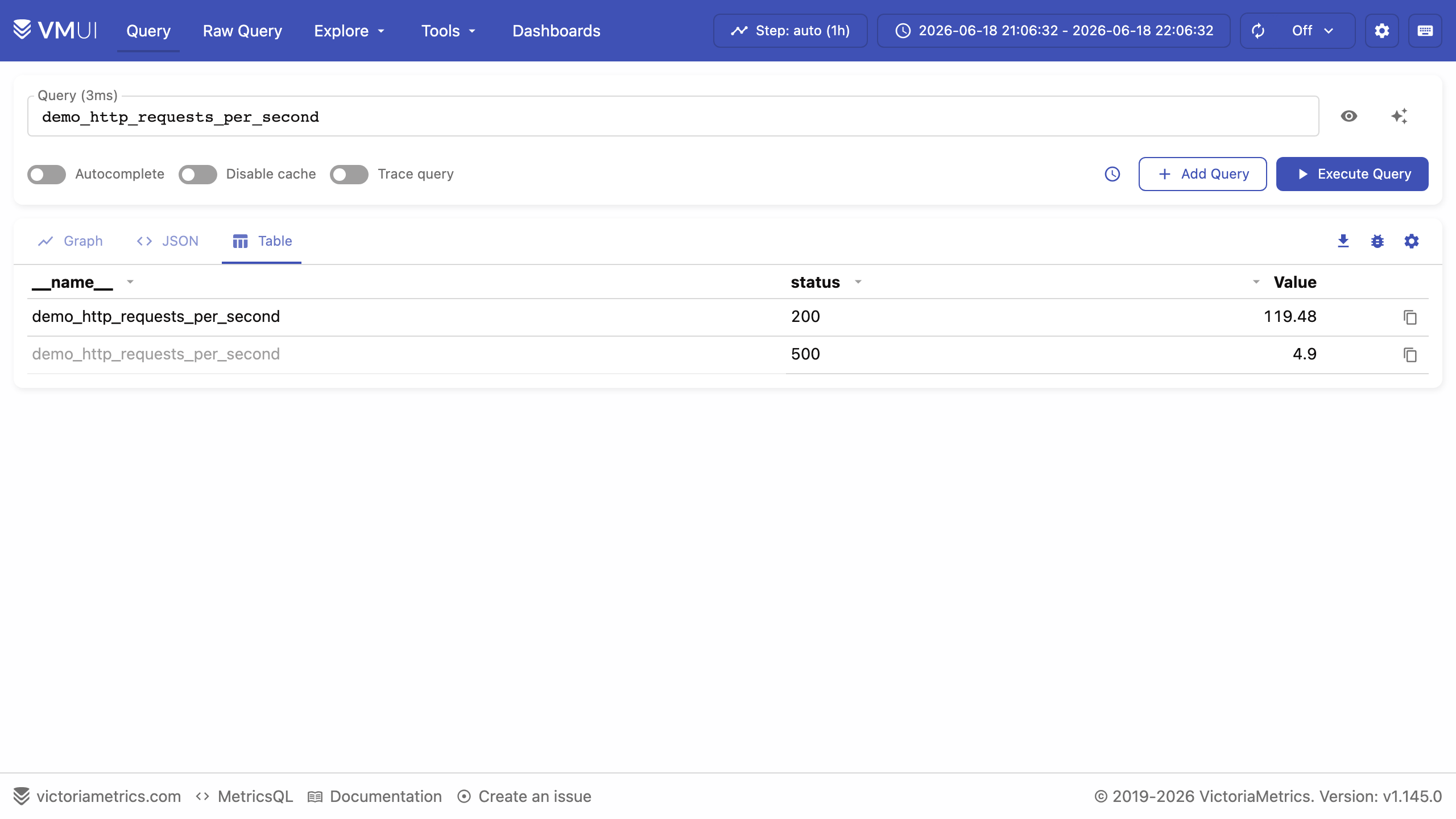 The vmui table view listing instant query results